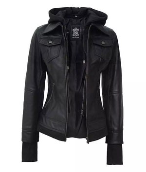 Womens Black Leather Bomber Jacket with Removable Hood