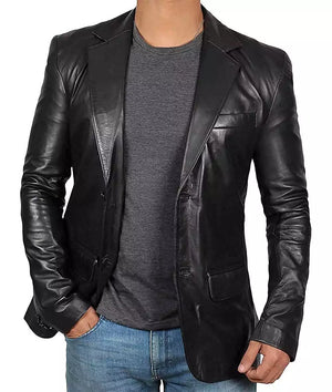 Mens Black Leather Blazer Jacket - Elegant Two Button Notch Lapel Blazer