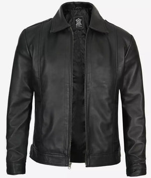 Mens Vintage Black Leather Jacket with Shirt Collar