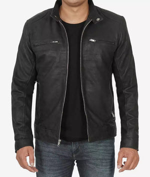 Dodge Black Snuff Leather Racer Jacket Mens