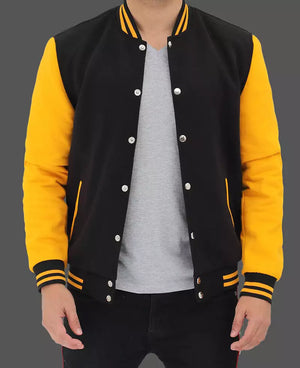 Mens Black and Yellow Varsity Jacket - Classic Style