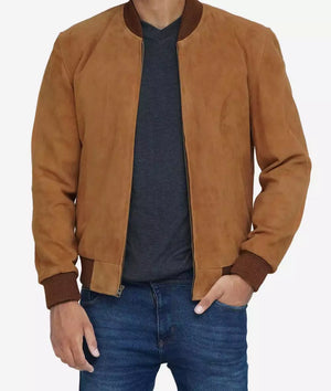 Mens Light Brown Suede Bomber Jacket