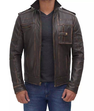 Mens Distressed Brown Moto Leather Jacket