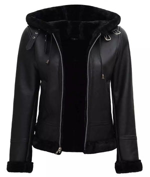 Womens Black Hooded Shearling Jacket - Real Leather