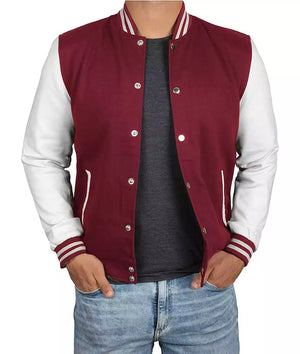 Mens Maroon Varsity Jacket - White Sleeves