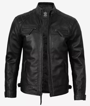 Mens Black Cafe Racer Leather Jacket for with Quilted Shoulders