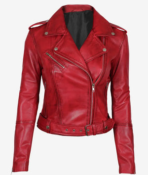 Womens Margaret Red Asymmetrical Moto Leather Jacket