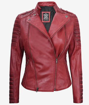 Red Asymmetrical Padded Leather Jacket for Women