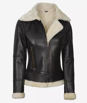 Womens Classic B3 Leather Bomber Jacket with Shearling