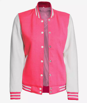 Pink and White Womens Varsity Bomber Jacket - Baseball Style