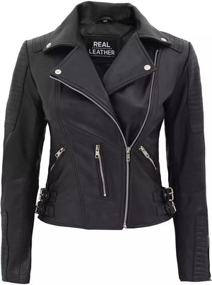 Womens Finest Black Leather Moto Jacket