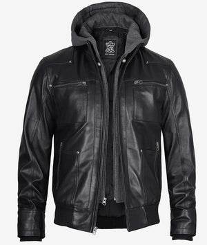 Mens Black Leather Bomber Jacket with Removable Hood - Limited Edition