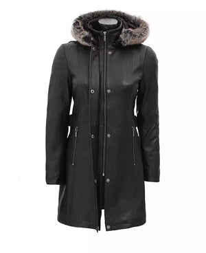 Womens Black Premium Leather Coat - Removable Fur Hood