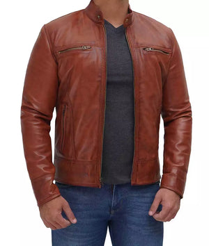 Mens Real Lambskin Leather Tan Cafe Racer Jacket