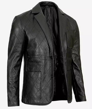 Mens Black Quilted Leather Blazer - Premium Quality