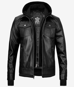 Mens Black Leather Bomber Jacket With Removable Hood