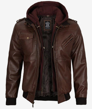 Mens Real Leather Dark Brown Bomber Jacket - Removable Hood