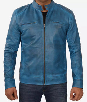 Mens Real Lambskin Blue Cafe Racer Leather Jacket