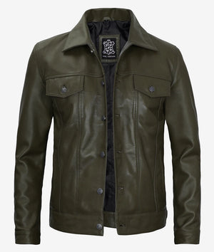 Mens Four Pockets Military Green Leather Trucker Jacket