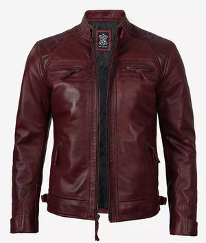 Mens Genuine Lambskin Leather Maroon Biker Jacket in - Limited Stock