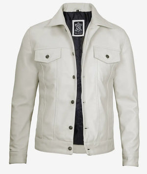 Mens Off White Leather Trucker Jacket - Four Pockets