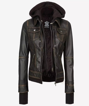 Tralee Rub off Dark Brown Bomber Leather Jacket With Removable Hood