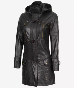 Womens Luxurious Black 3/4 Length Hooded Leather Coat