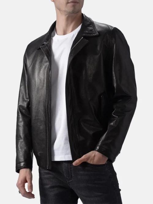 Elegant Folded Collar Black Leather Jacket for Men