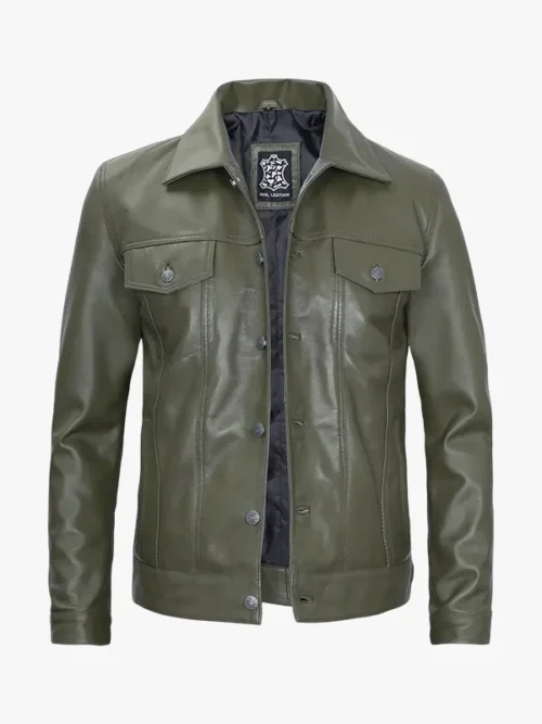 Olive Green Leather Jacket with Four Pockets for Men