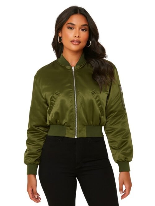 Women’s Army Green Satin Bomber Jacket