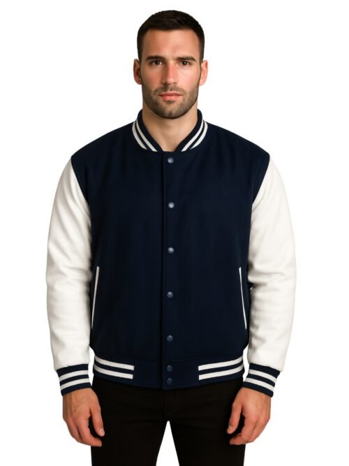 Dark Blue Wool and White Wool Sleeves Varsity Jacket For Men_s
