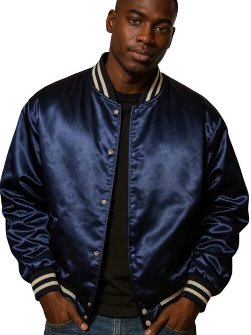 Men’s Dark Navy Blue Satin Bomber Jacket – Classic Casual Outerwear