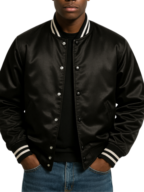 Men’s Lightweight Black Satin Bomber Jacket