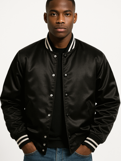 Men’s Lightweight Black Satin Bomber Jacket – Classic Outerwear