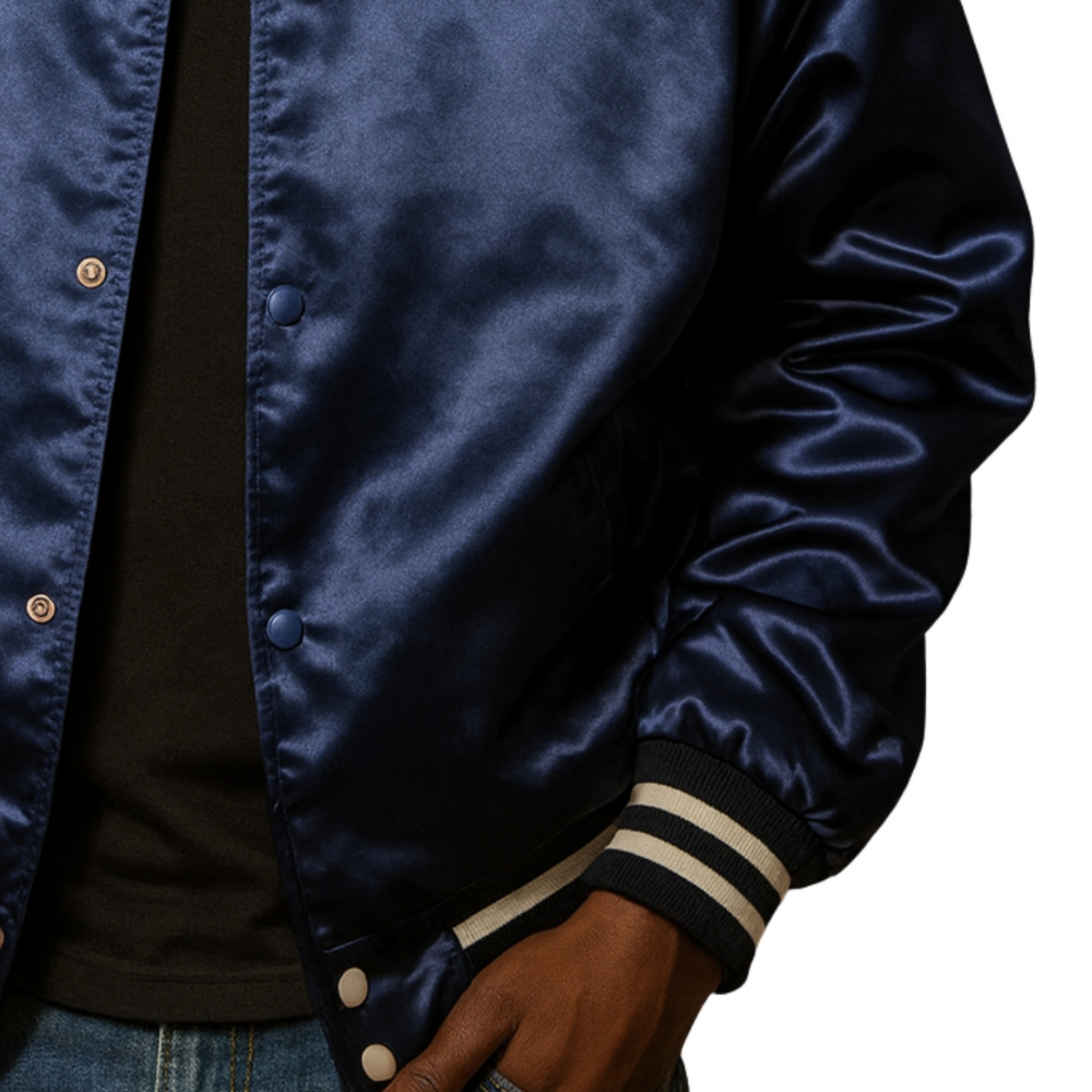 Men’s Dark Navy Blue Satin Bomber Jacket - Image 3