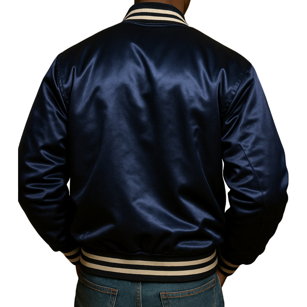Men’s Dark Navy Blue Satin Bomber Jacket - Image 2
