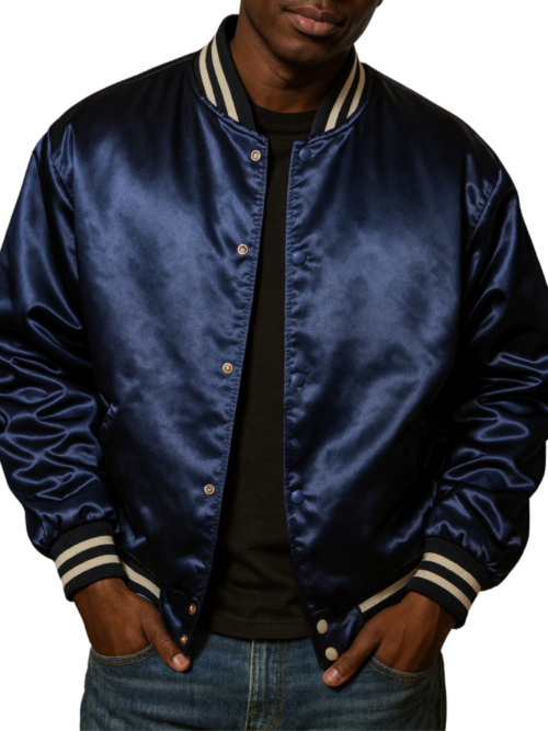 Men’s Dark Navy Blue Satin Bomber Jacket