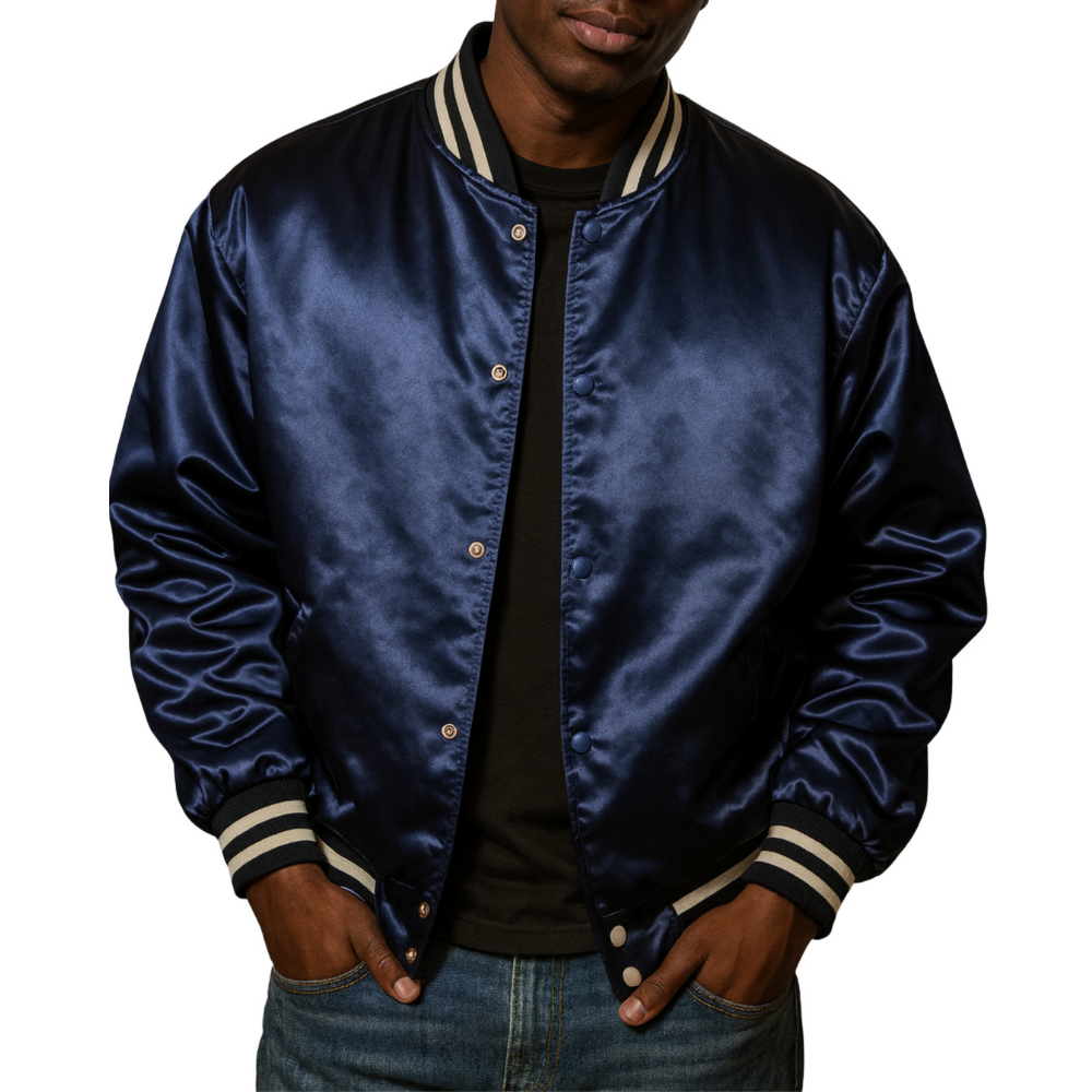 Men’s Dark Navy Blue Satin Bomber Jacket