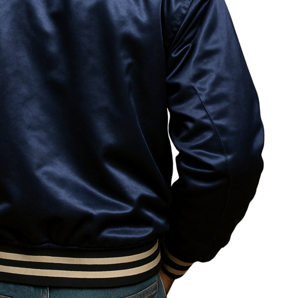 Men’s Dark Navy Blue Satin Bomber Jacket - Image 4