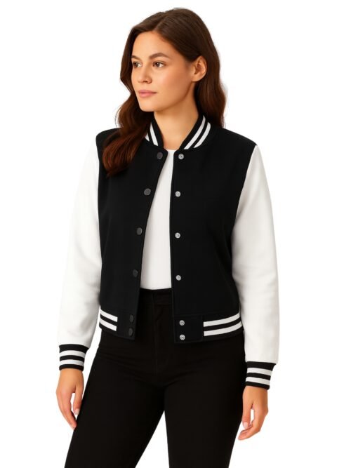 Women_s Black Wool White Wool Sleeves Varsity Jacket