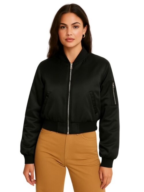 Women’s Comfortable Black Satin Bomber Jacket