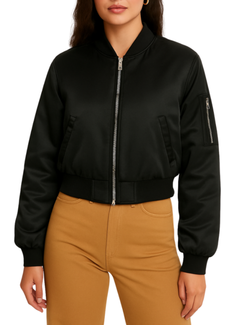 Women’s Comfortable Black Satin Bomber Jacket